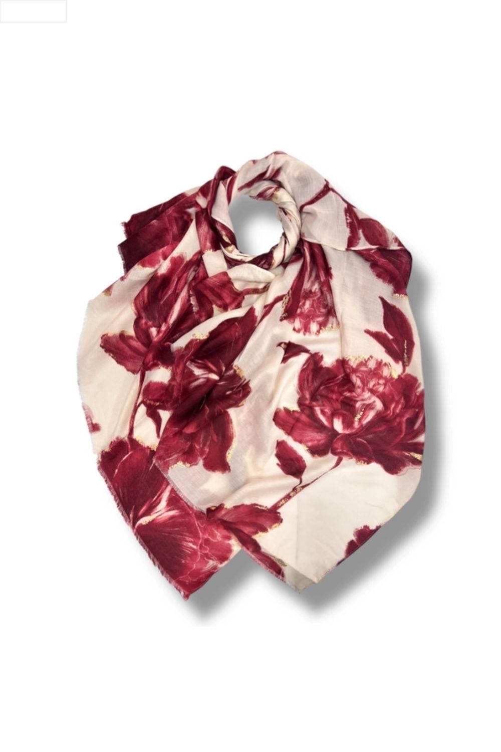 Floral patterned scarf with red flowers on a white background
