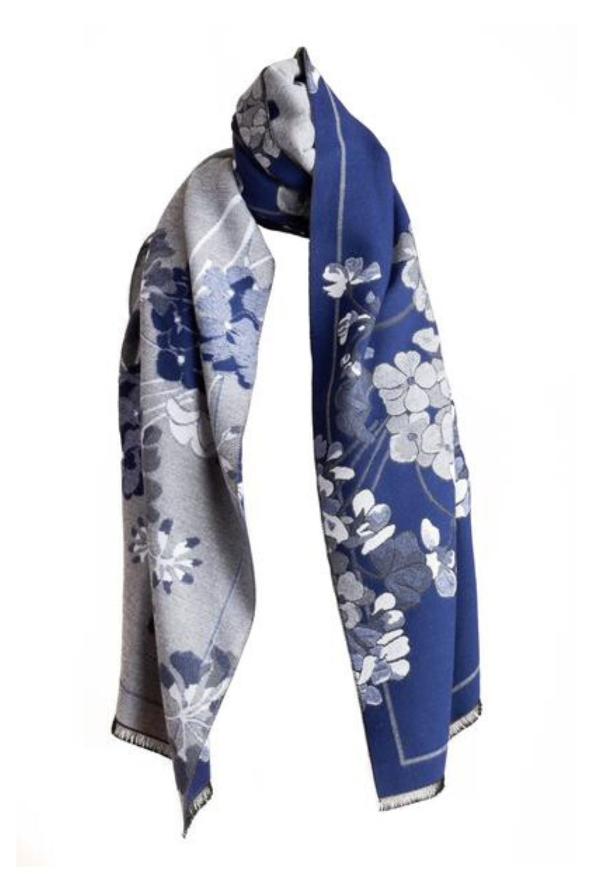 Blue and grey floral reversible scarf