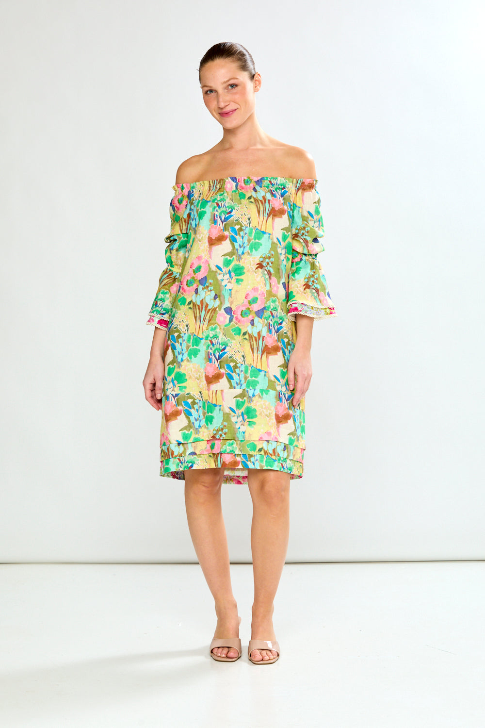 On/Off Shoulder Dress W/Pleated Hem