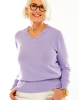 Woman in iris v neck pullover