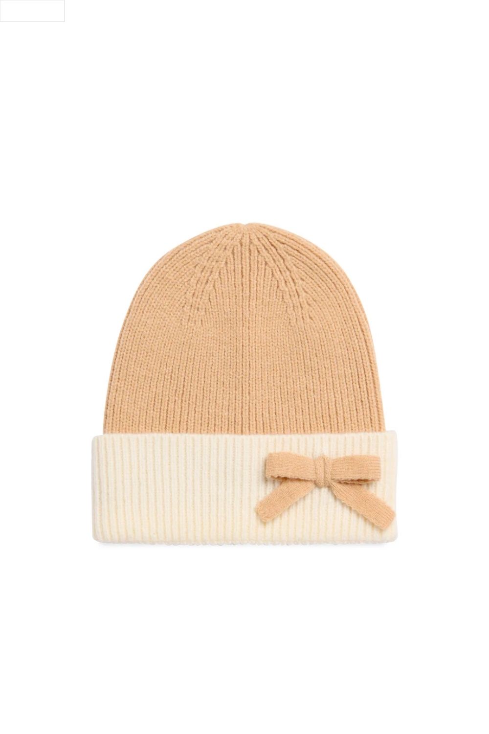 Beige and white beanie with a bow on a white background