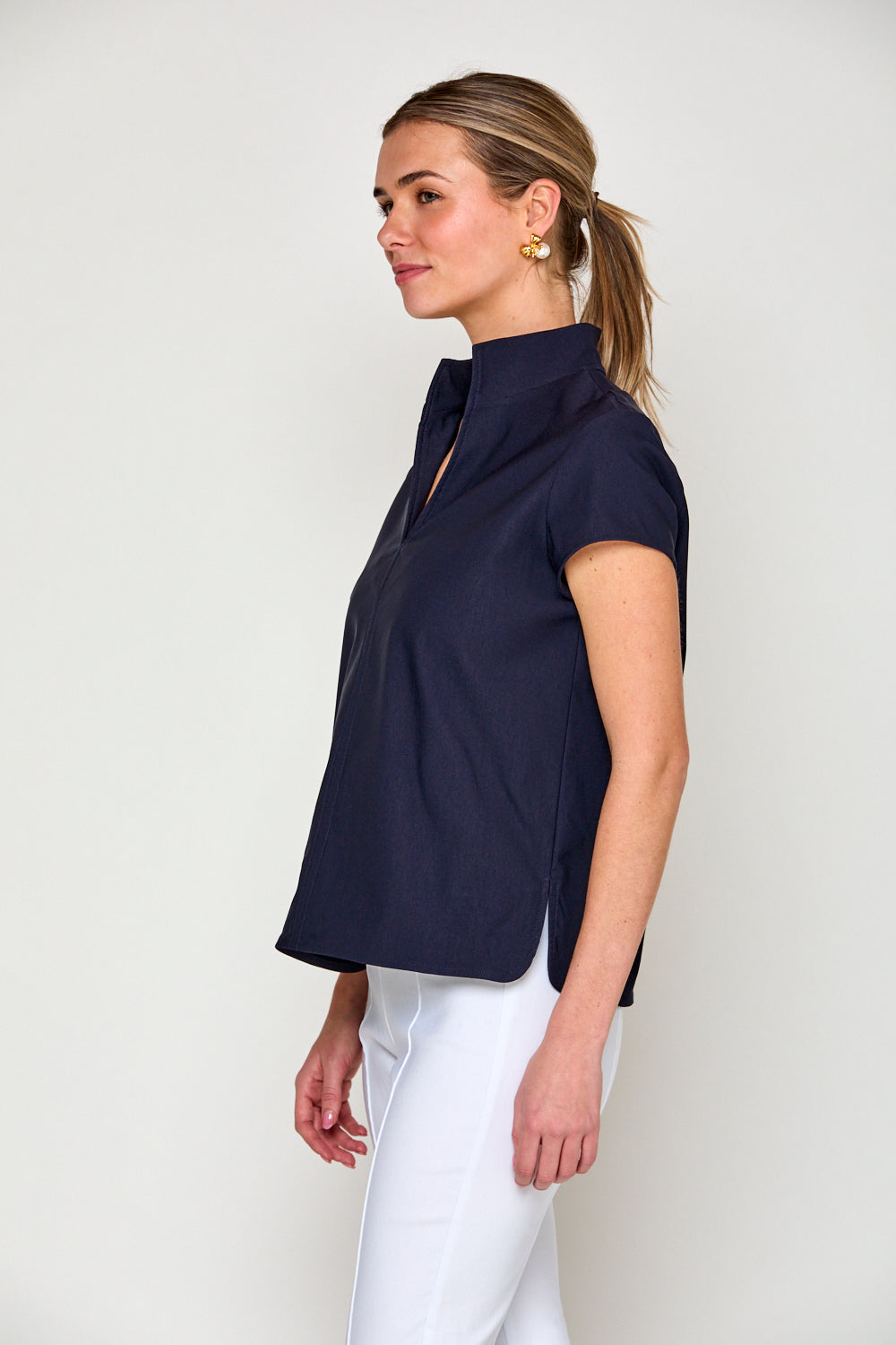 Woman in navy blouse