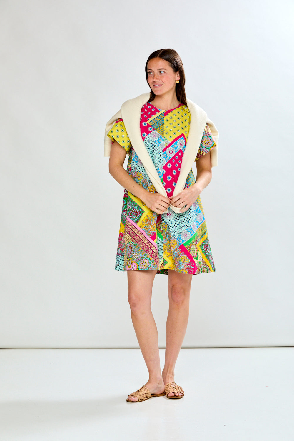 Woman wearing scarf print short dress