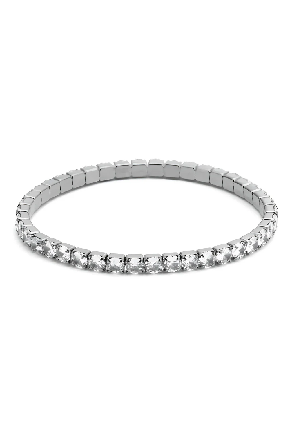 Silver bracelet with clear stones on a white background