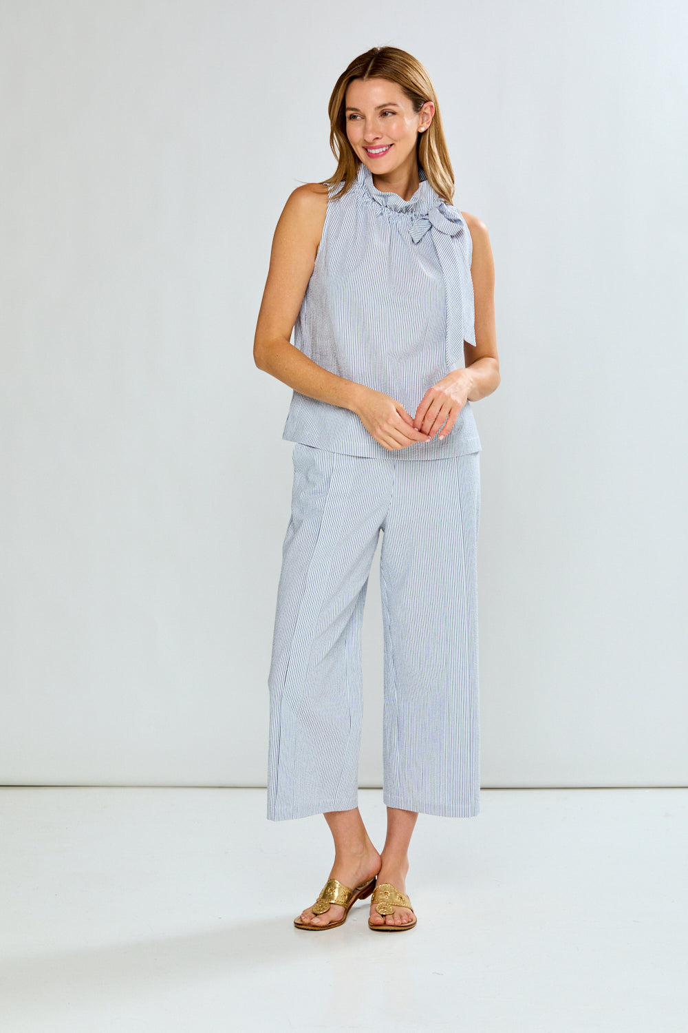 The Kit Pant in Seersucker in Navy Pinstripe