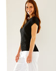 Woman in black textured knit tee