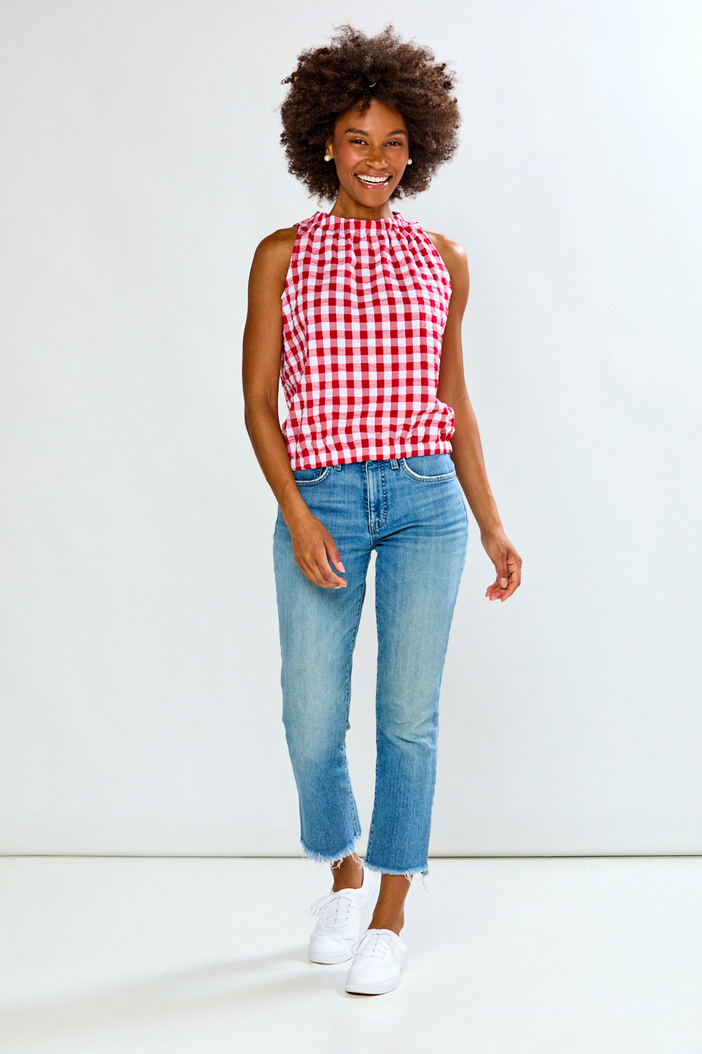 Woman in gingham top