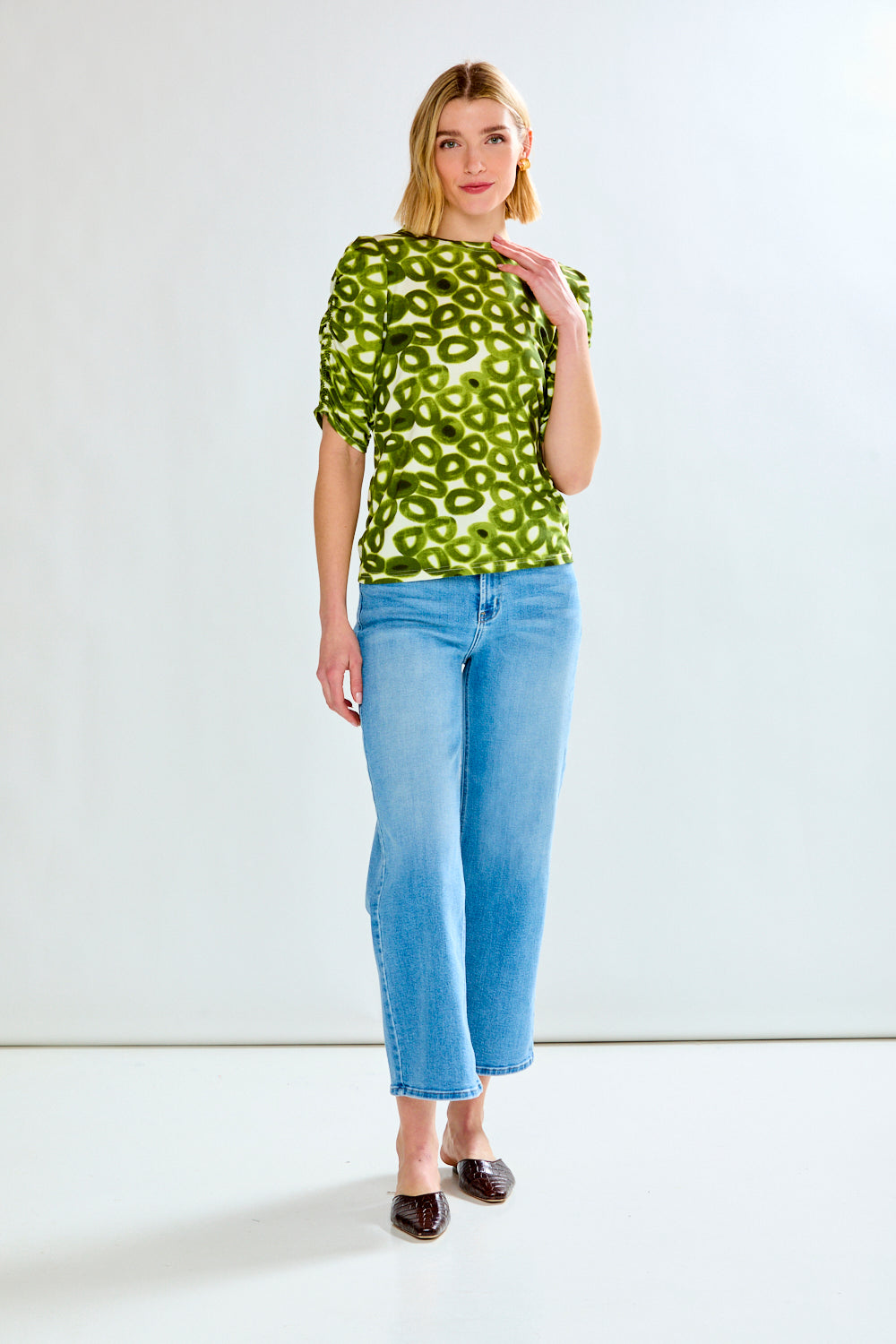 The Heidi Top in Green Brush Circles