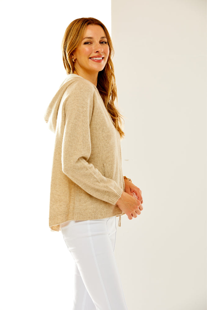 Woman in sand cashmere hoodie