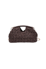 Brown woven handbag on a white background