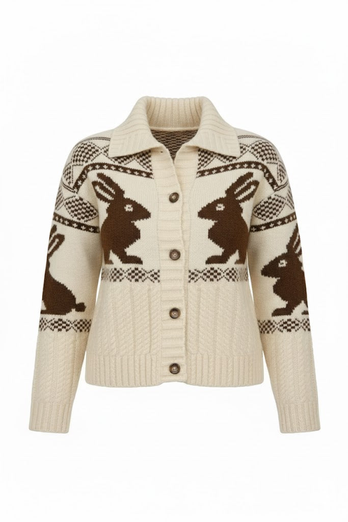 Beige cardigan with rabbit pattern on a white background