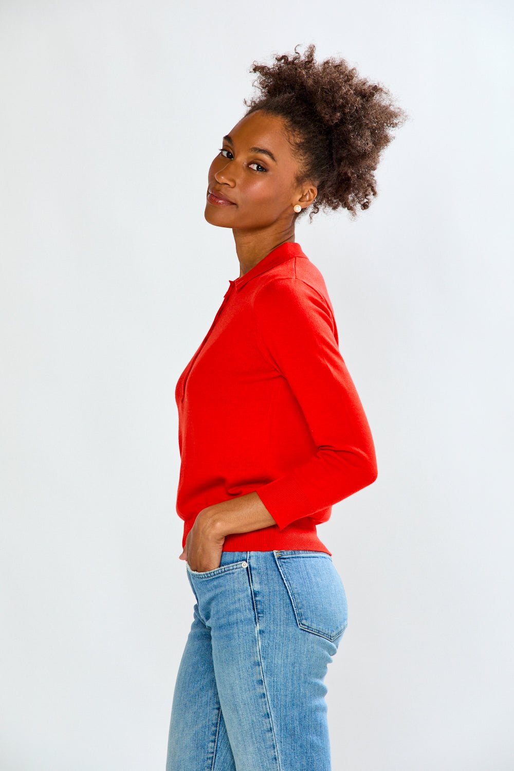 woman in red sweater