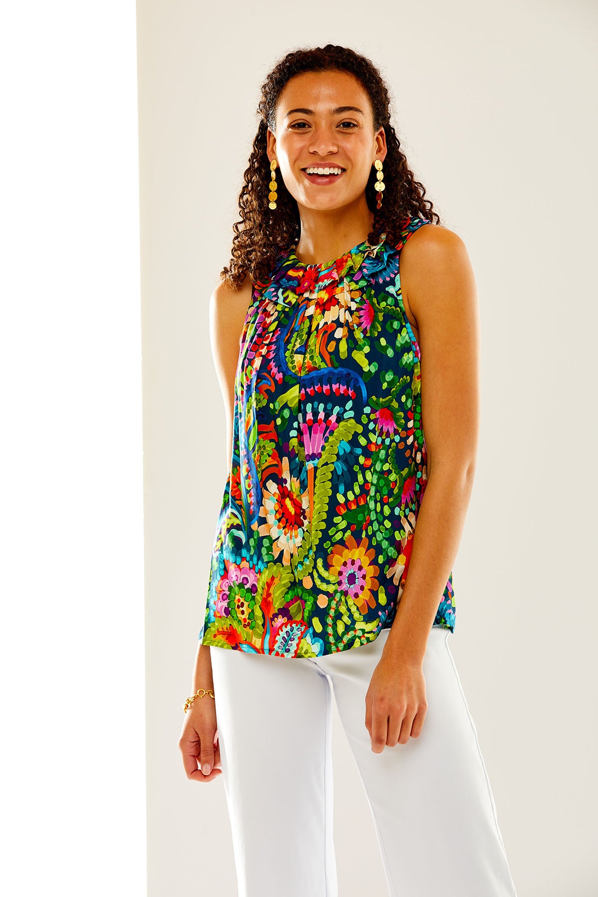 Woman in abstract print blouse