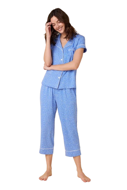 Woman in blue confetti pajamas