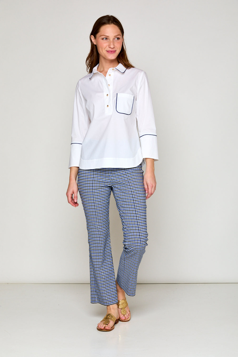 Woman in multi check pant