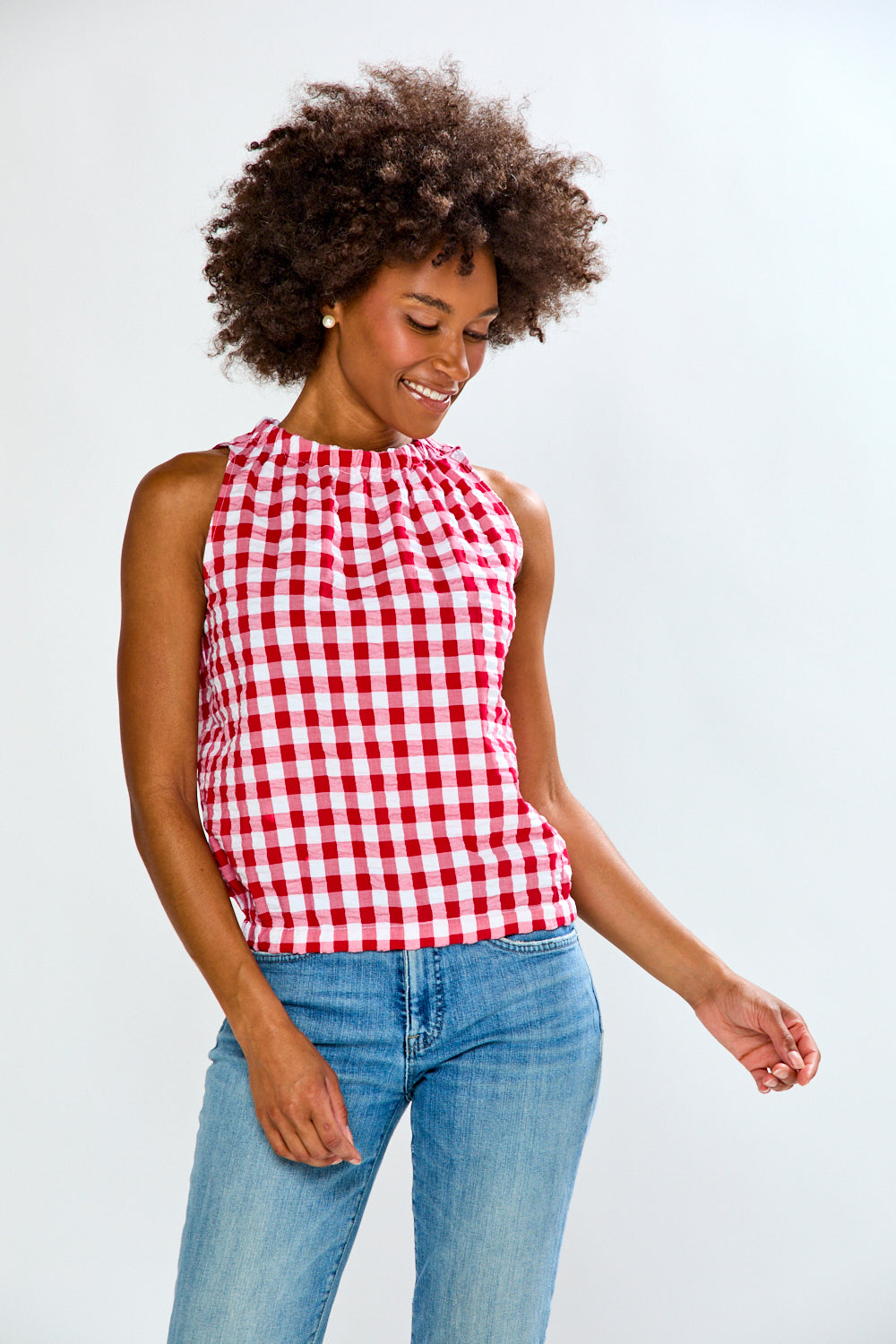 Woman in gingham top