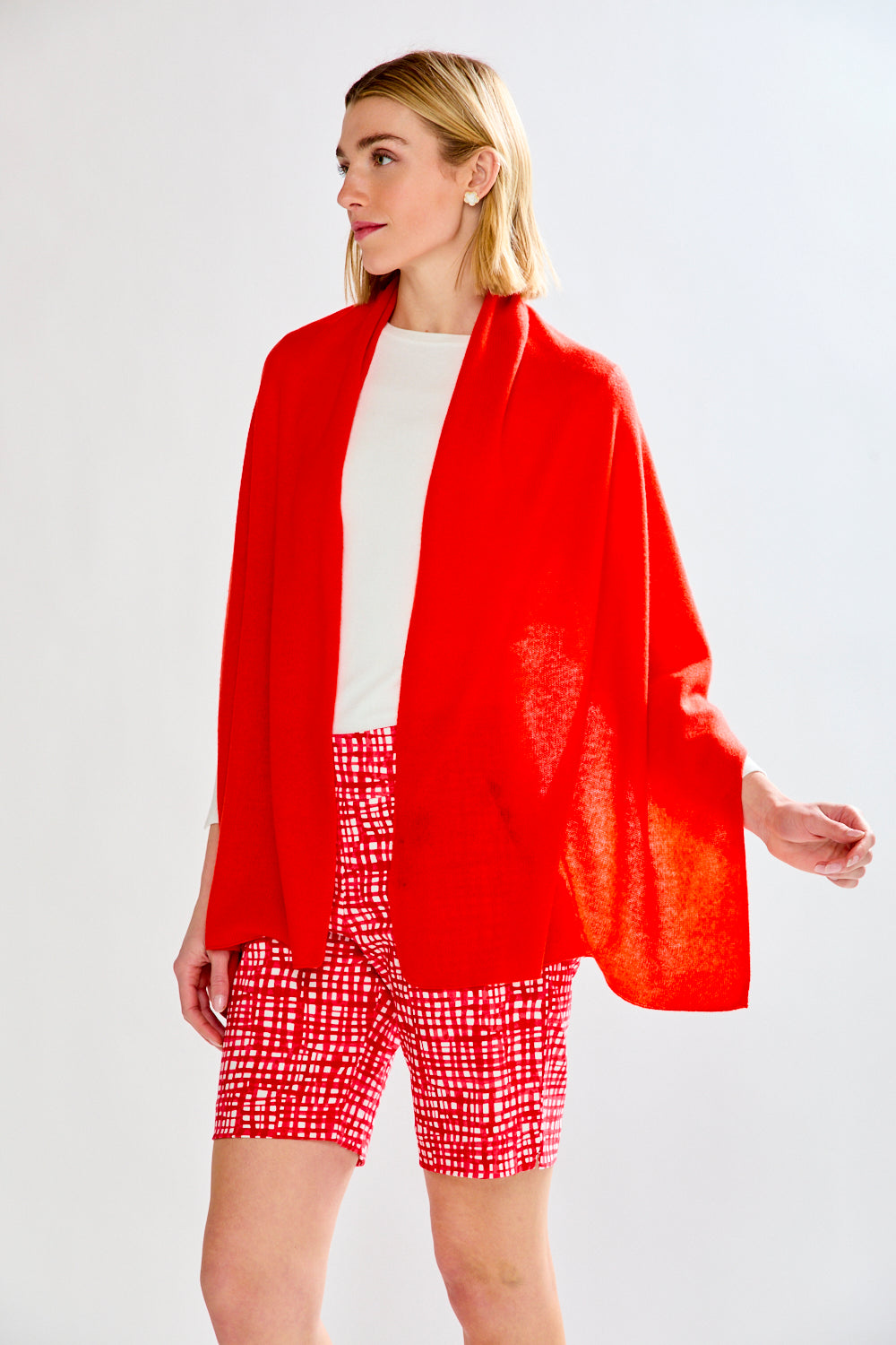 Woman in red pattern shorts