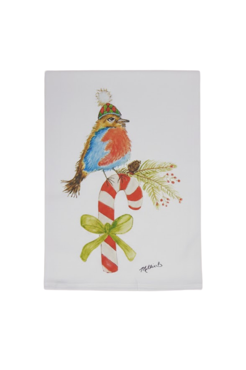 Decorative towel with a bird on a candy cane and mistletoe design on a white background