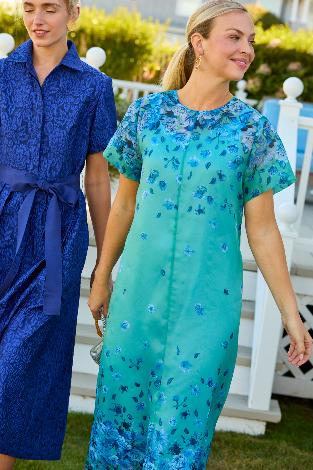 Woman wearing a blue floral dress 