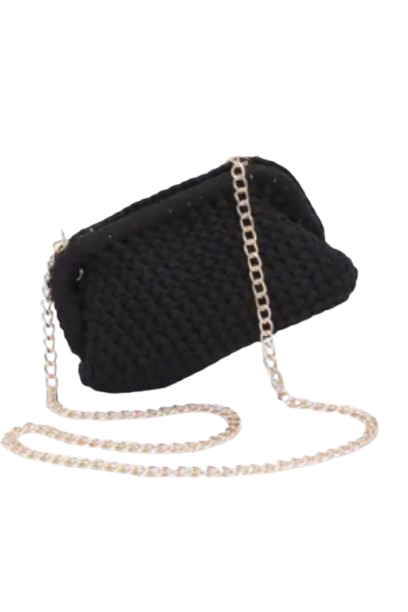 Black textured handbag with a chain strap on a white background