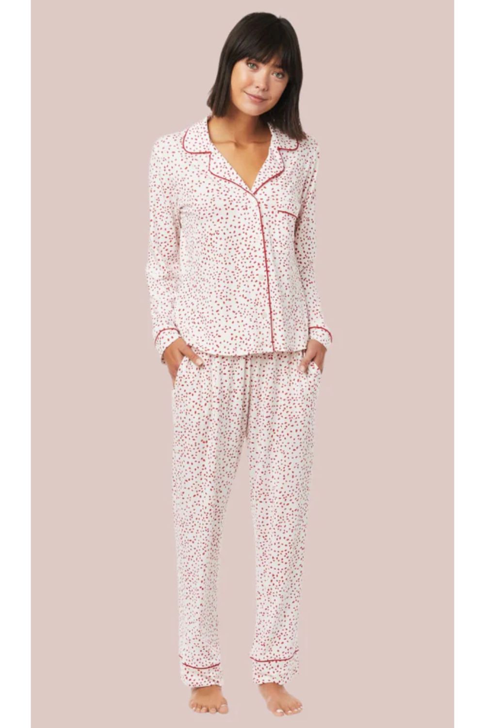 Woman in confetti print pajamas