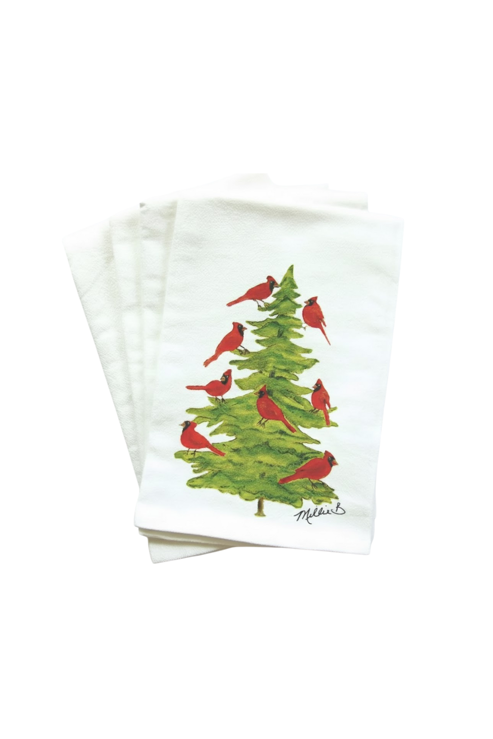 Set of white napkins with Christmas tree and cardinal designs on a white background