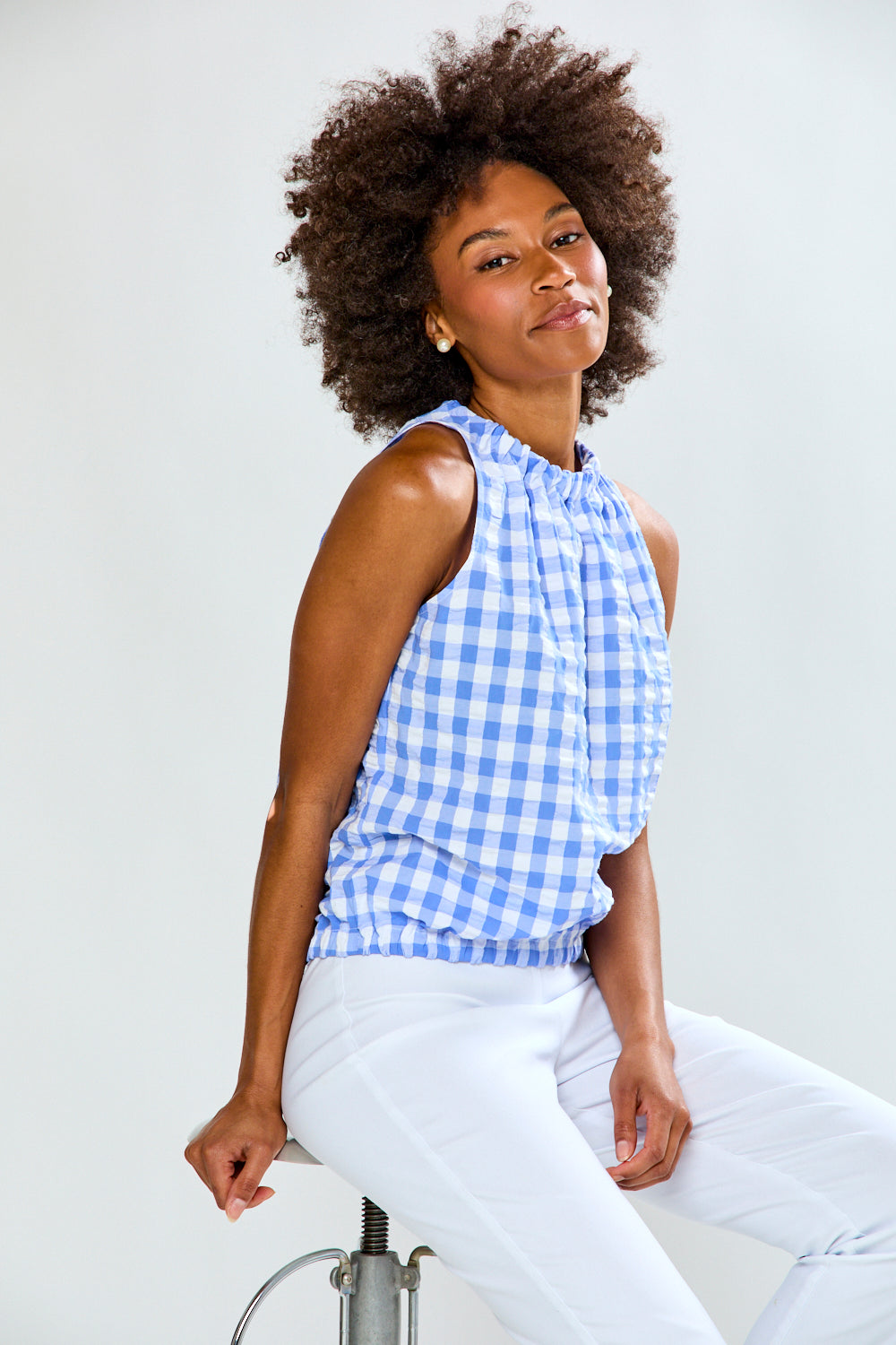 Woman in gingham top