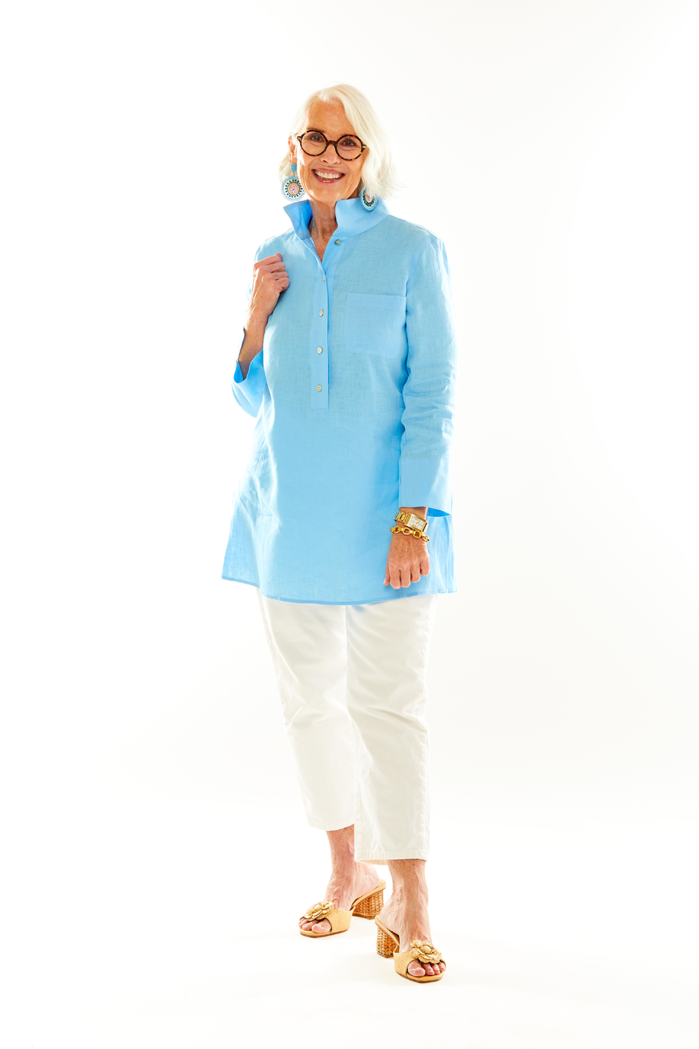 Woman in pacific blue tunic