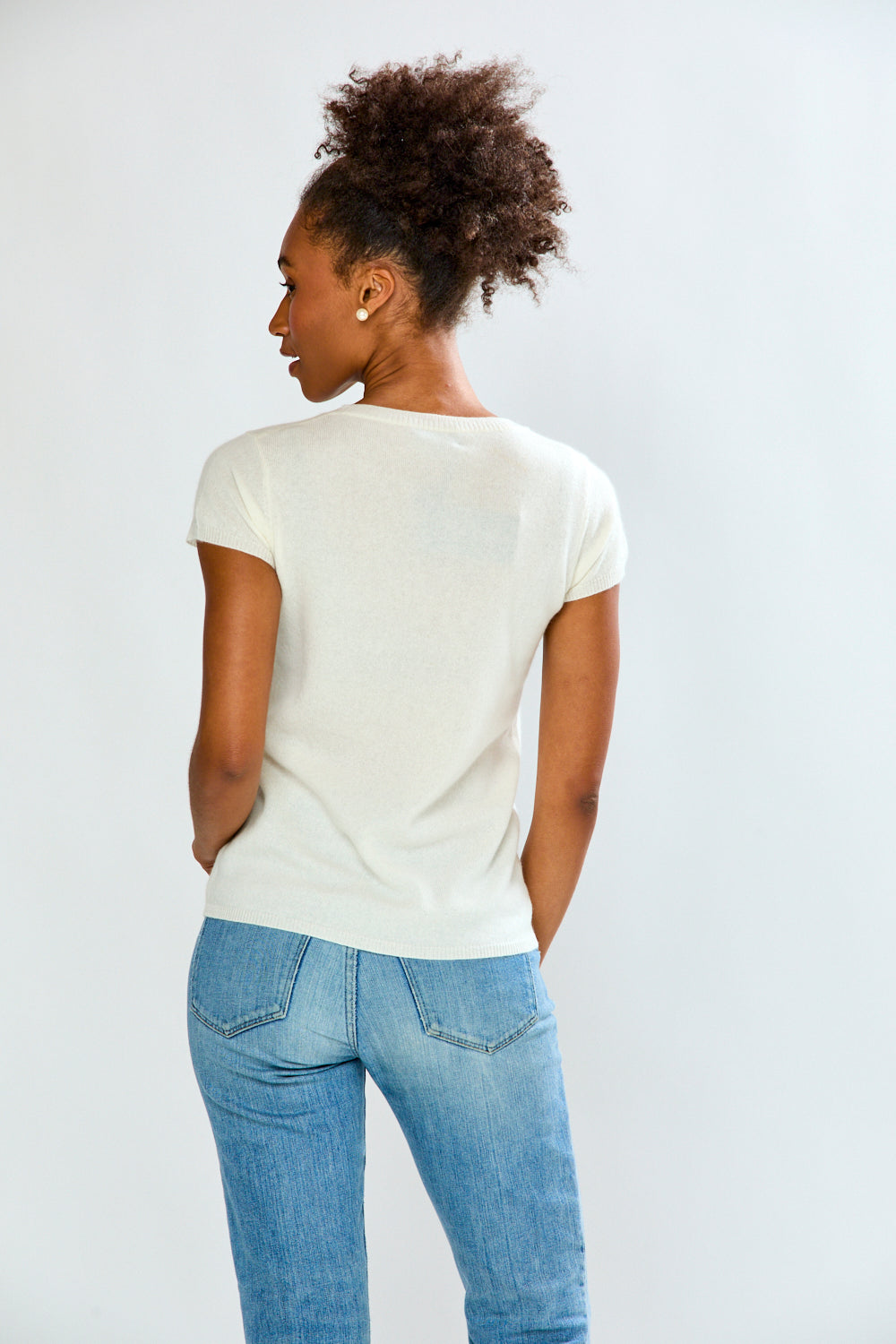 woman in white t-shirt