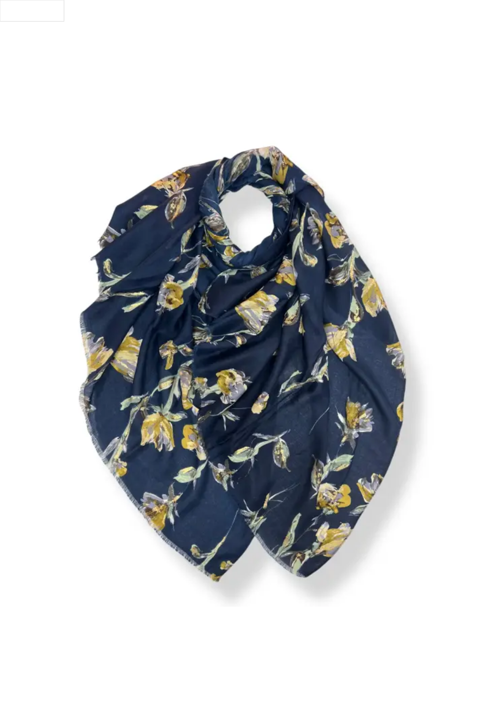 Navy blue scarf with yellow floral pattern on a white background