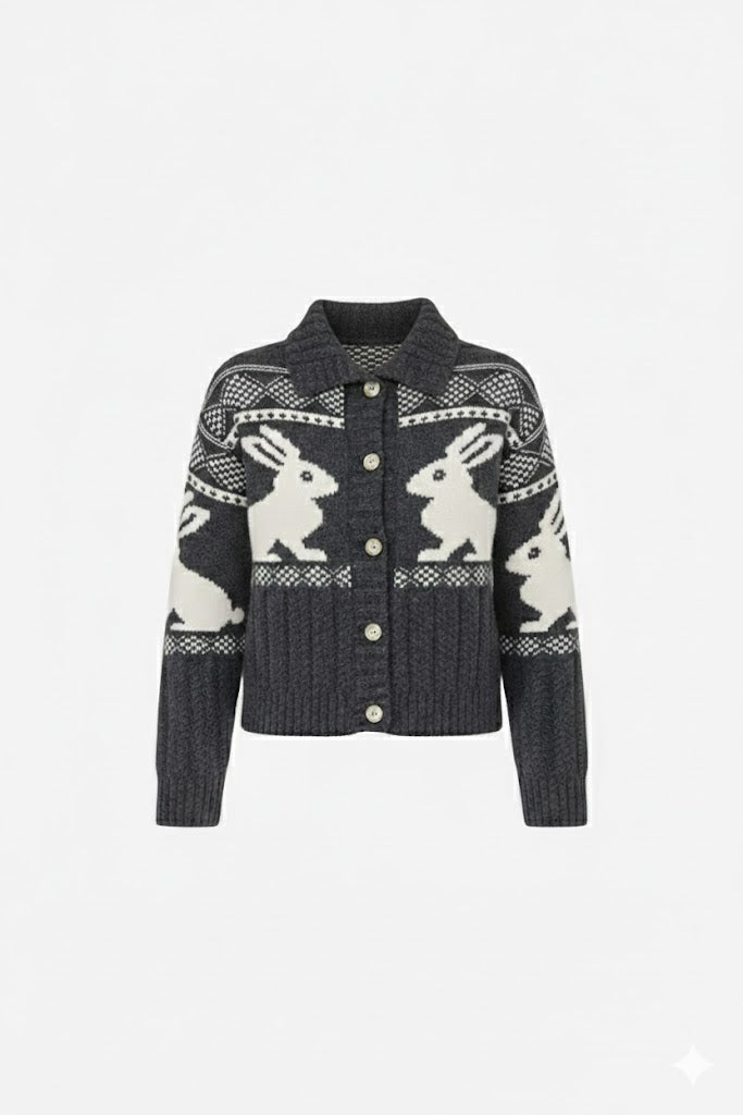 Dark gray knit cardigan with white bunny patterns on a white background