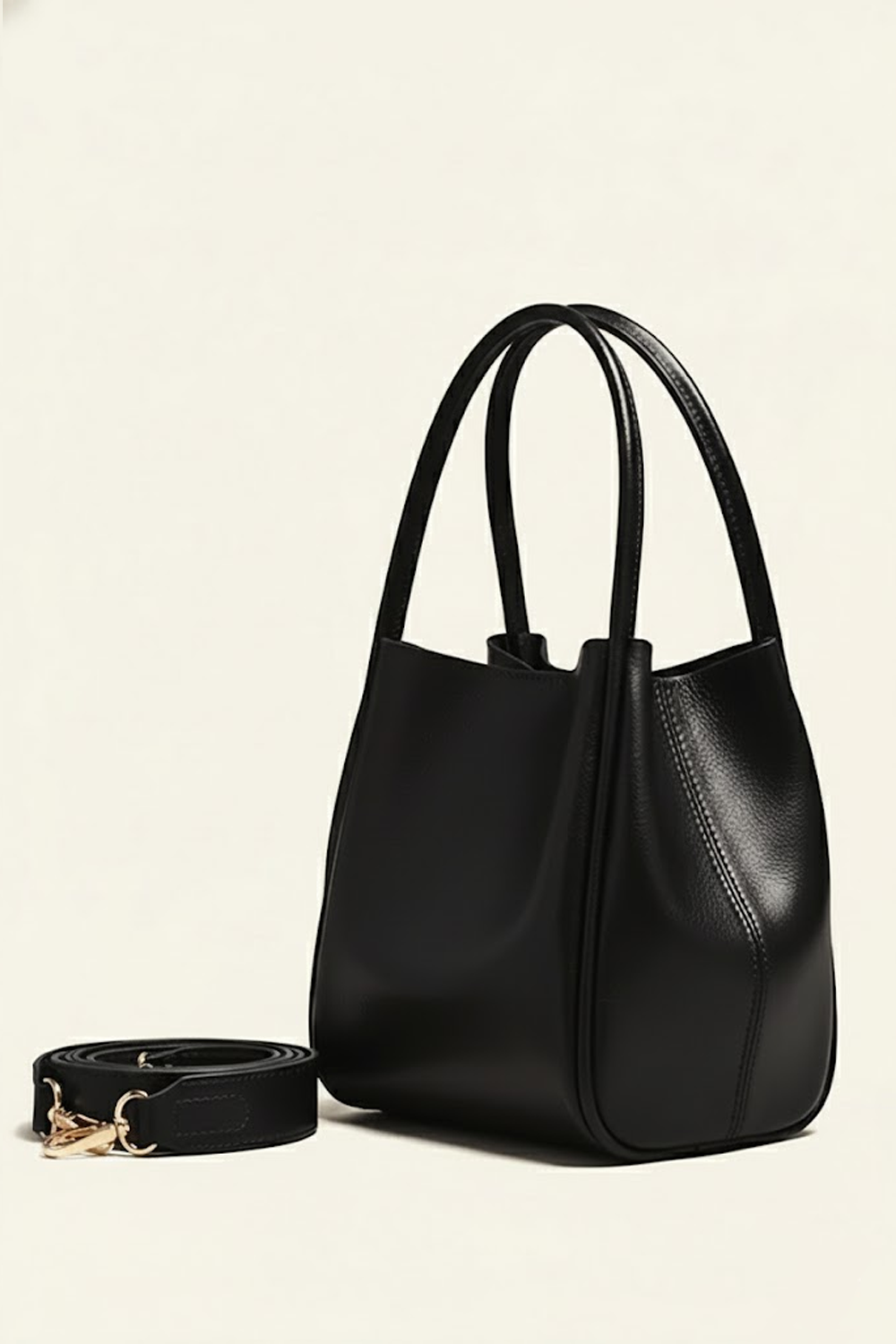 Black handbag with a matching strap on a beige background