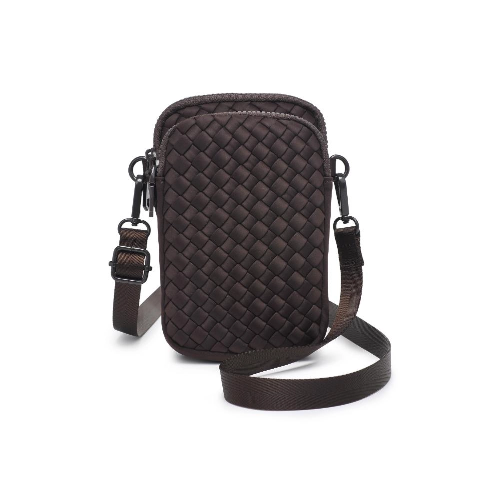 Brown woven crossbody bag on a white background