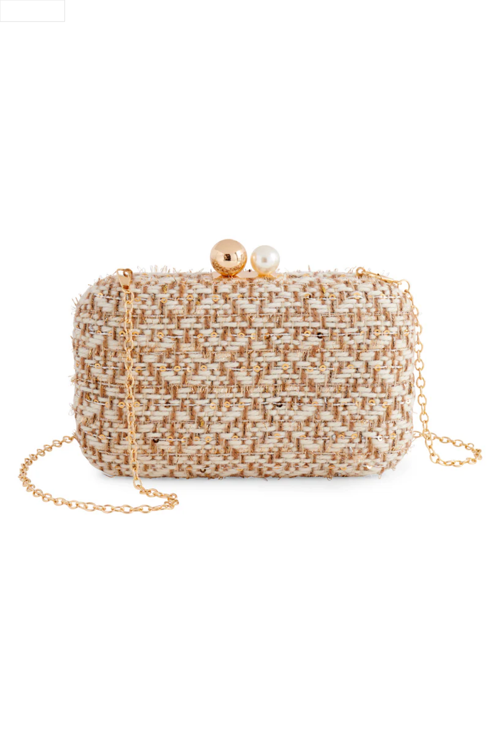 Gold clutch against a white background