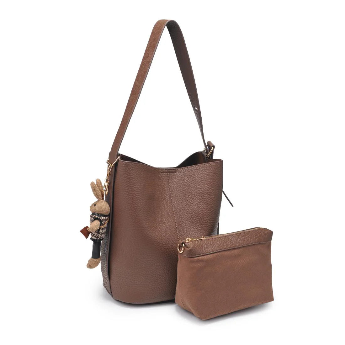 Brown leather handbag with matching pouch on a white background