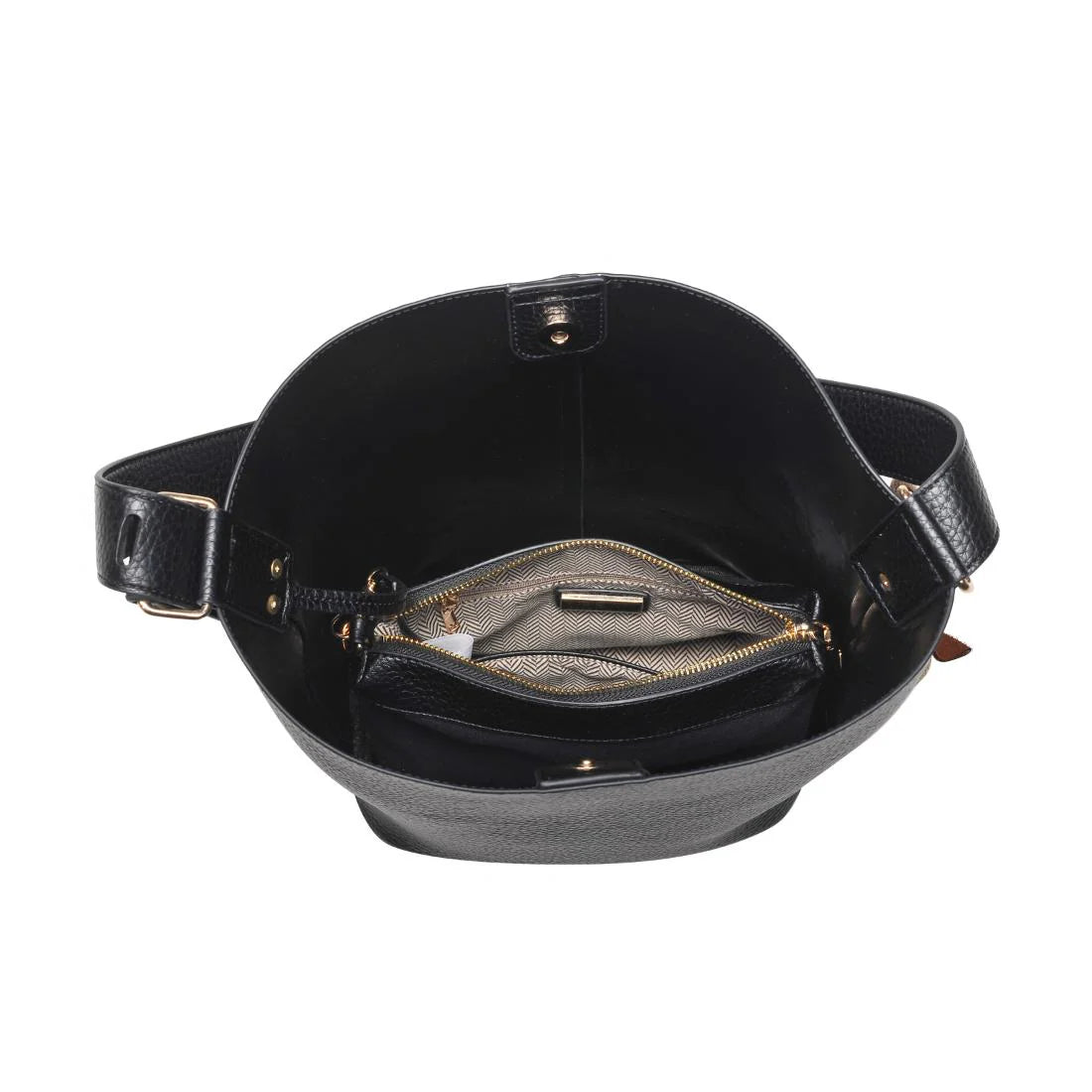 Black handbag with a visible interior on a white background