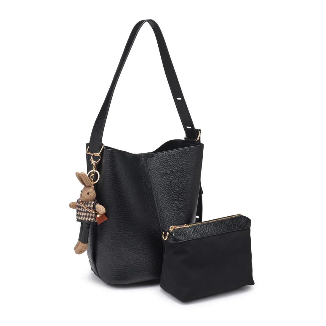 Black handbag with a small pouch and keychain on a white background