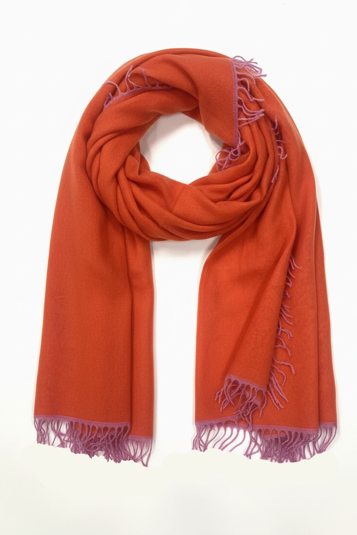 Orange scarf with purple trim on a white background
