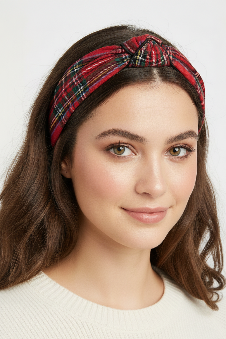 Woman wearing a red plaid headband on a white background