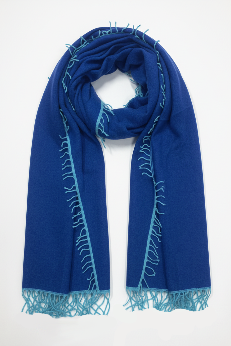 Blue scarf with turquoise patterns and fringes on a white background