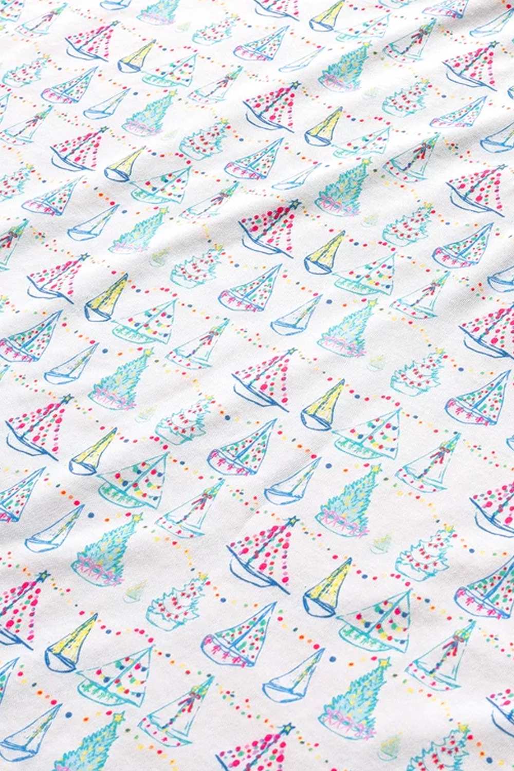 The Holiday Sailboat Long Pajama Set in 100% Pima cotton with colorful sailboat and holiday tree print on white fabric