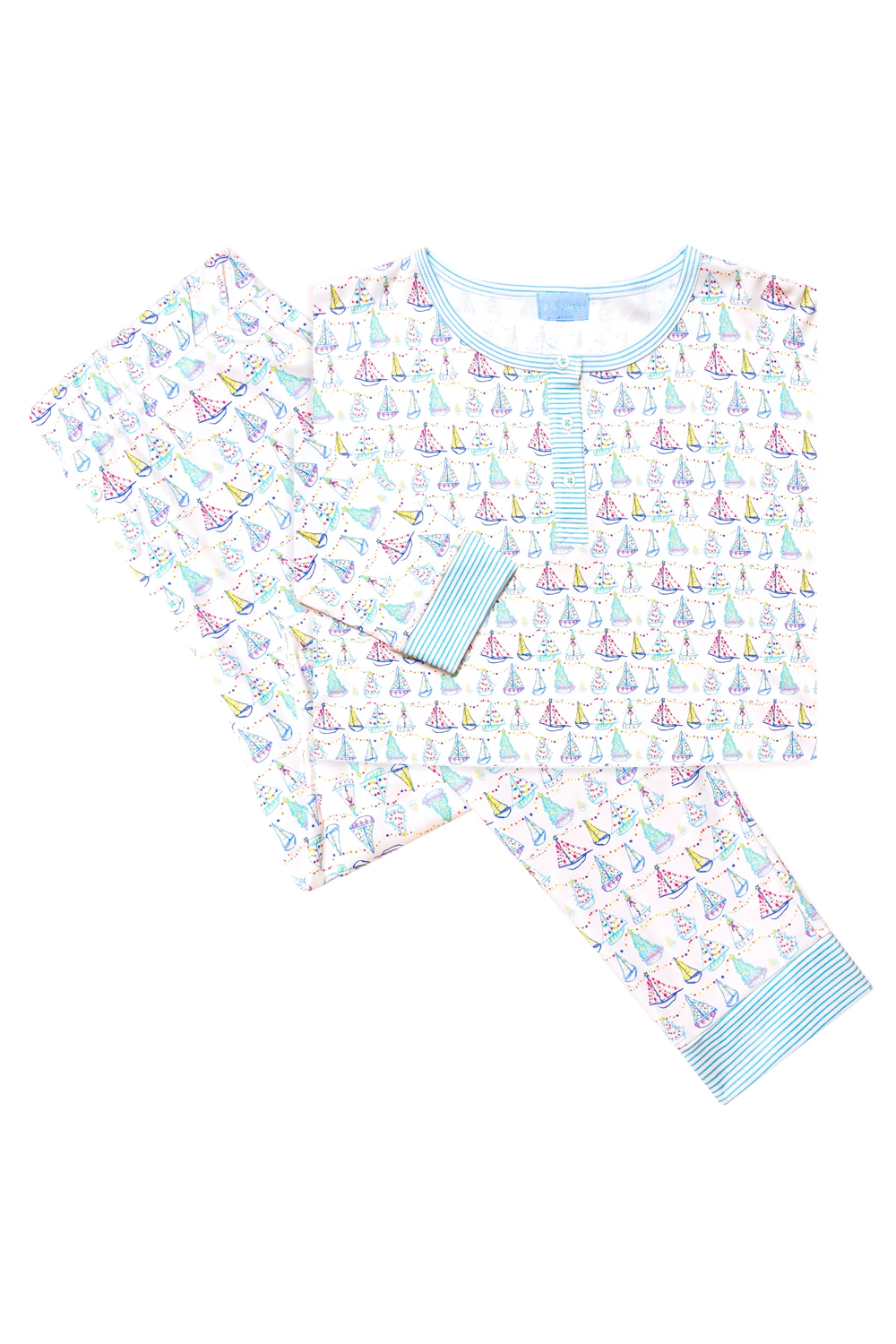 The Holiday Sailboat Long Pajama Set featuring a colorful sailboat print on a long sleeve top and matching pants with blue striped trim