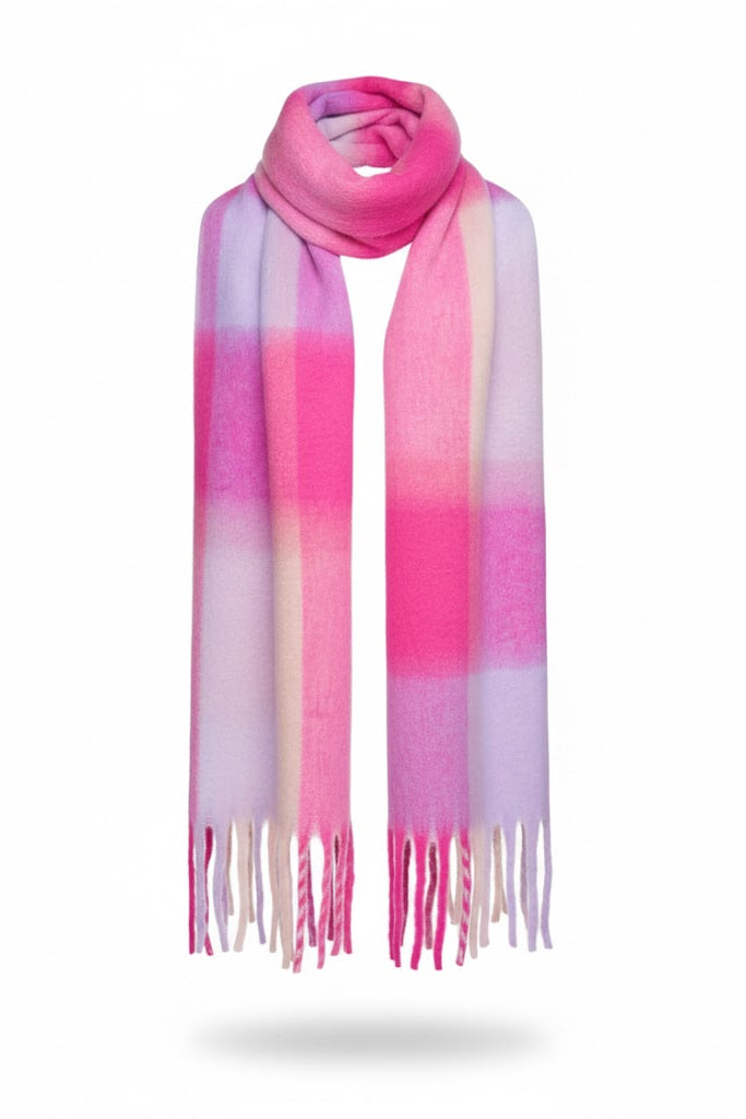 Multicolored scarf with pink, purple, and white stripes on a white background