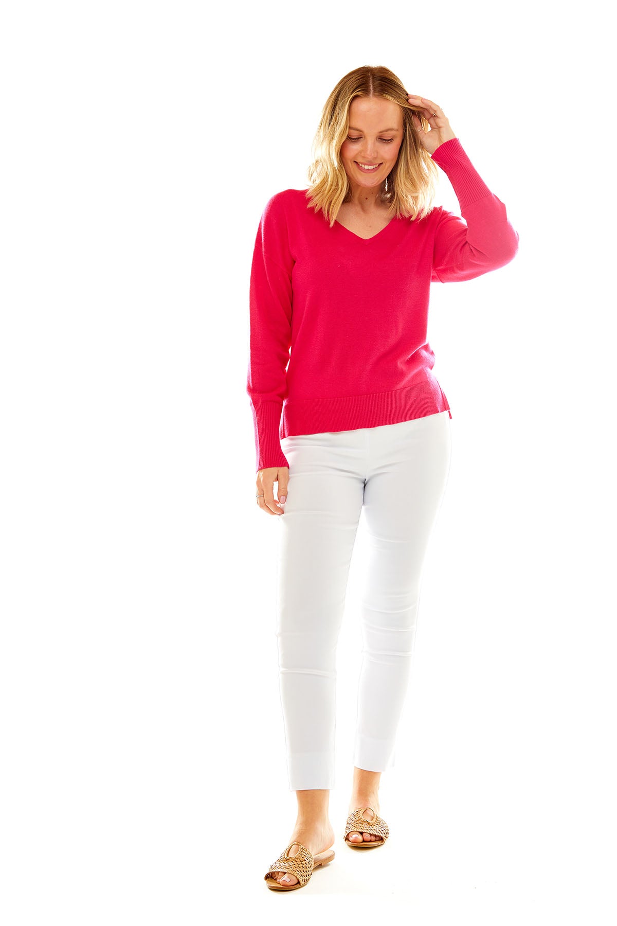 Woman in strawberry v neck pullover