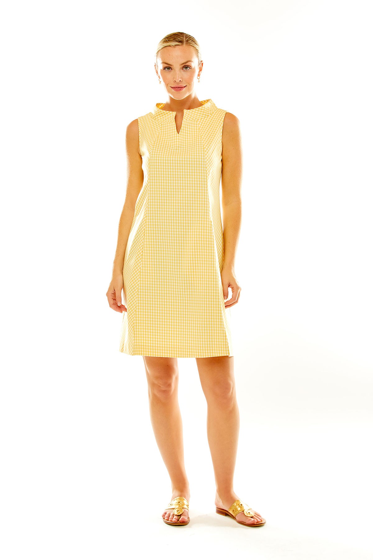 Woman in yellow gingham dress