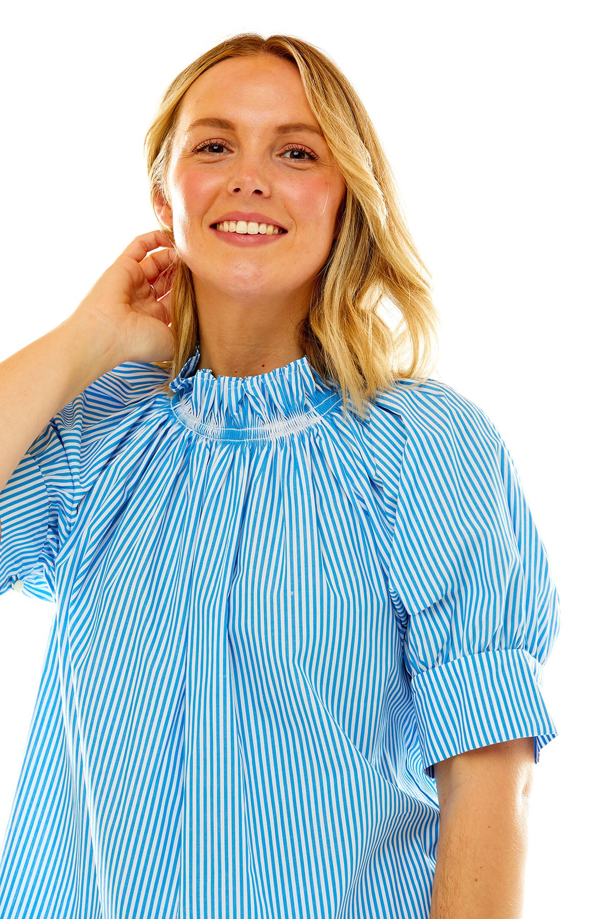 Woman in blue stripe blouse