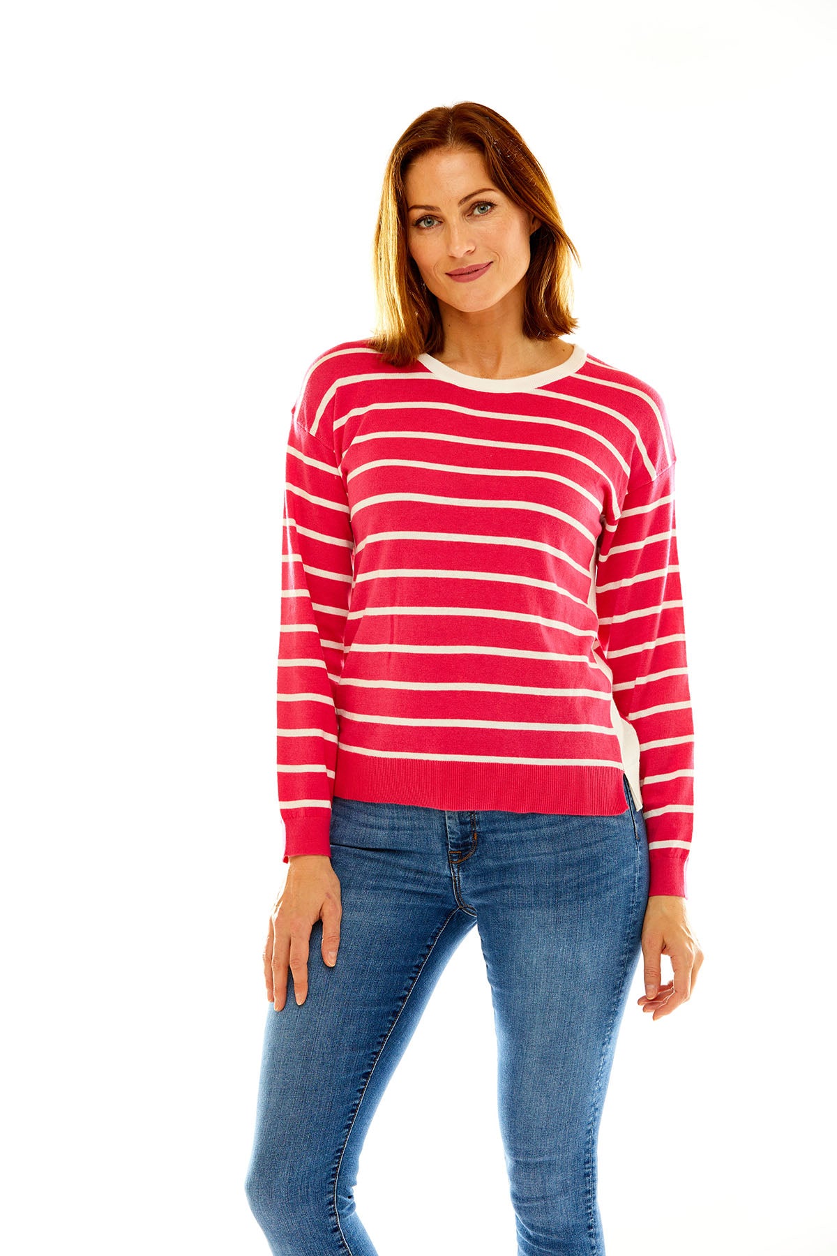 Woman in striped pullover sweater