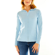 Woman in light blue hoodie