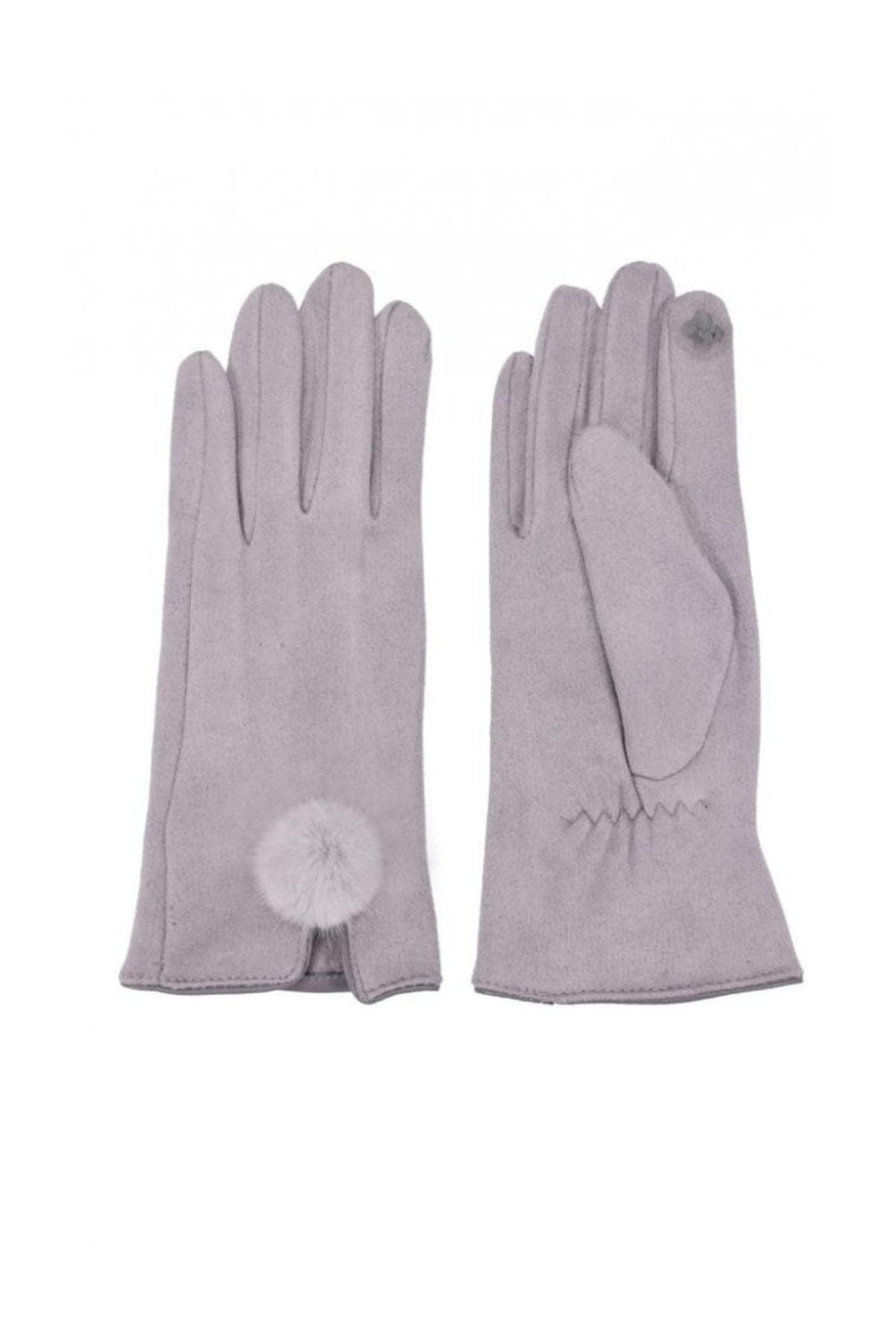 Woman in grey faux suede faux fur gloves