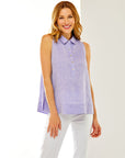 Woman in purple linen blouse